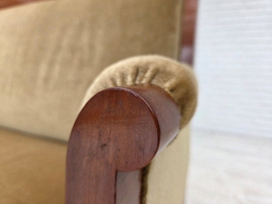 Image 1 of 1950s, 2 Seater Danish Highback Sofa, Furniture Velour, Laqered Teak Wood.