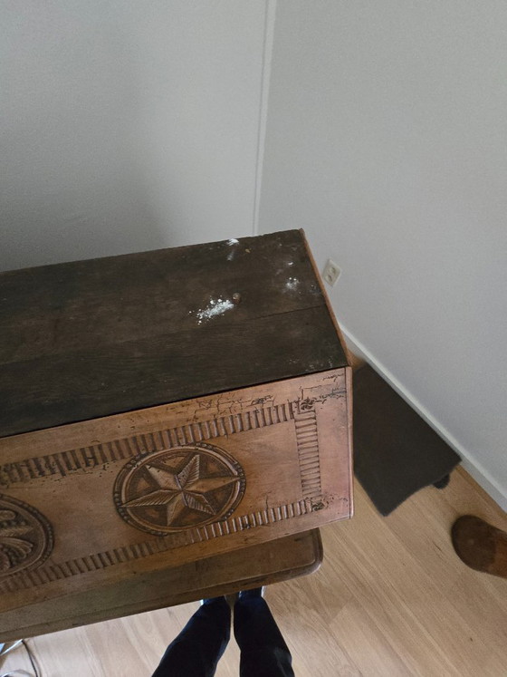 Antieke eiken schrijfkast/secretaire met rijk houtsnijwerk – Bureau, Wood (photo 8 of 10)