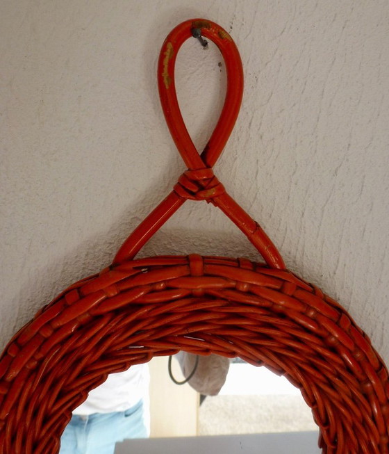 Image 1 of Orange Vintage Retro Wicker Mirror In Heart Shape.