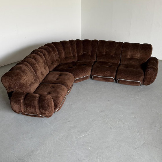 Image 1 of Mid-Century Cloud Sectional Sofa in Dark Brown Striped Fabric Upholstery and Chromed Steel, Italy 1970s