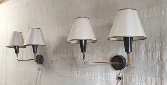 Image 1 of Double wall lights in gilded brass and gunmetal finish - 1950s/60s