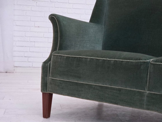 Image 1 of 1960s, Danish 3-seater sofa, original turquoise-green furniture velour.