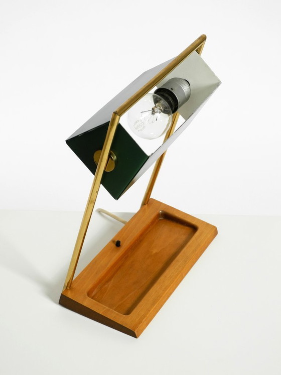 Image 1 of Original large 1960s Temde table lamp with a brass frame, teak base, and green lampshade