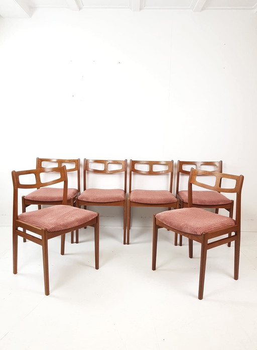 6 vintage deense teak houten eettafel stoelen roze rib