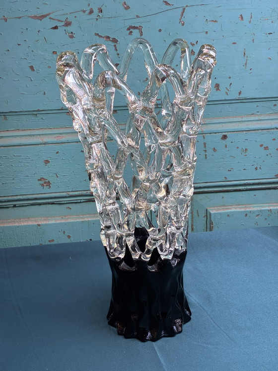 Image 1 of Lattice Web Art Glass Vase with Lime Design Murano Style