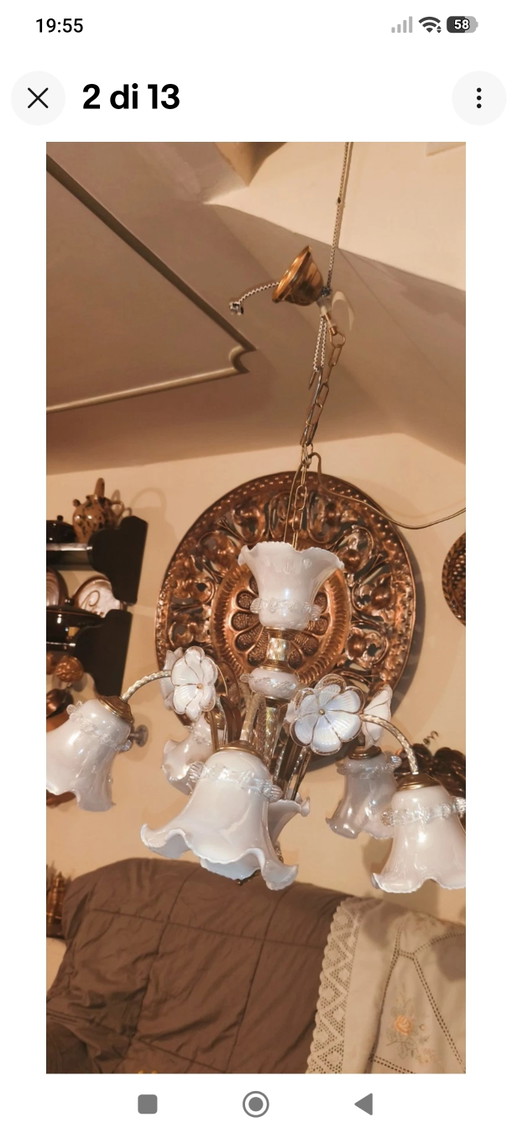 Lámpara de araña vintage de 5 luces estilo Murano en latón y cristal blanco. – kroonluchters, Brass (photo 2 of 9)