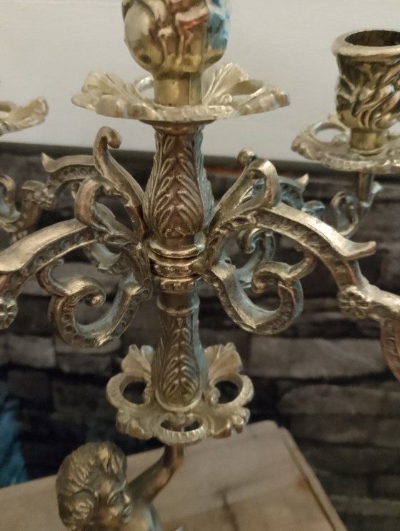 Image 1 of Baroque style candelabra in solid brass with cherub and putti design, 5 lights, Louis XV style