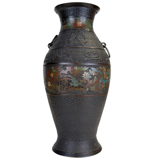 Large Japanese Bronze Champlevé Vase with Mythical Creatures and Ring Handles – 43 cm