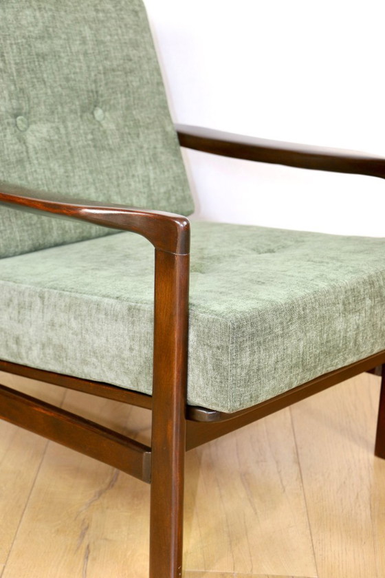 Image 1 of Vintage brown wooden armchair green-olive jeans design by Z. Bączyk - 2 pieces available