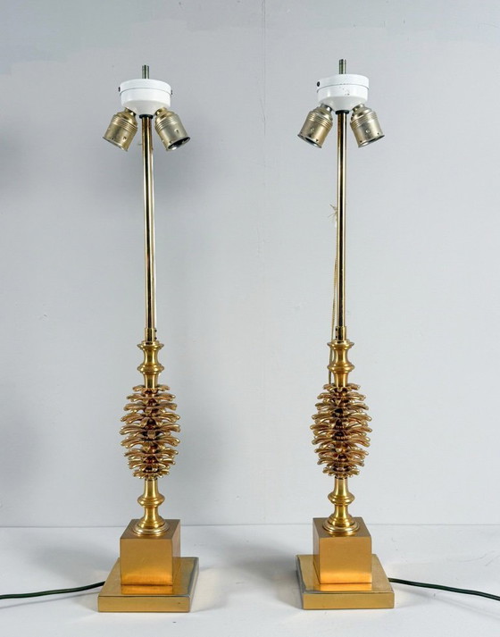 Image 1 of Set of 2 table lamps by Maison Charles, Hollywood Regency, pine cone/pine, France, 1970s