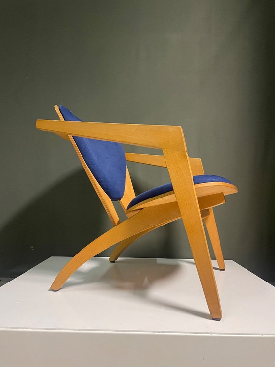 Fauteuil Getama, conçu par Hans J. Wegner, bois et textile bleu, Scandinavian (photo 3 sur 10)
