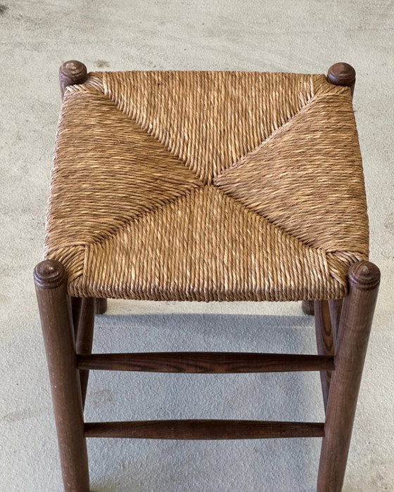 Image 1 of Taburete de madera con asiento de junco, años 60
