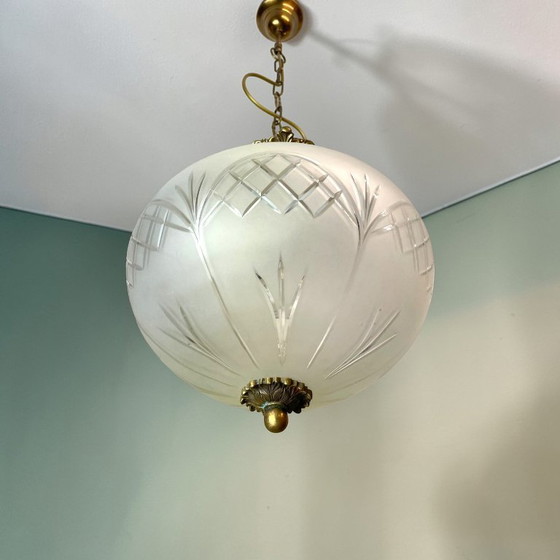 Image 1 of Portuguese regency-inspired frosted glass pendant with ornate brass crown