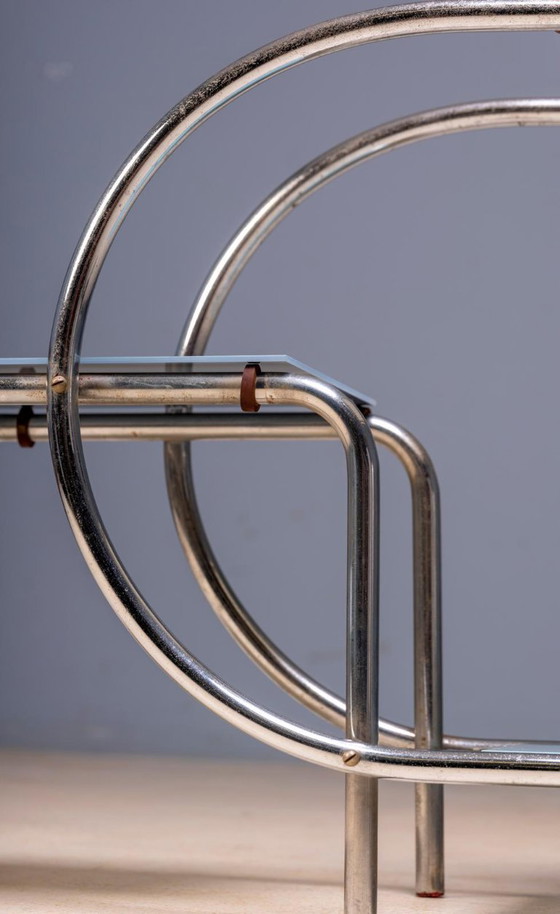 Image 1 of Bauhaus Tubular Steel Flower Stand by Emile Guyot for Thonet, Colored Glass Shelves, 1950s, Czechoslovakia, 79 × 30 x 105 cm