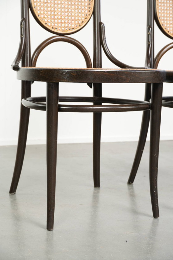 Image 1 of 6x Original vintage Thonet Long John chair with a high back, webbing seat and backrest, and gracefully curved wood