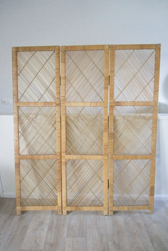 Image 1 of Paravento/divisorio pieghevole vintage bohémien in rattan naturale "Rotan" a 3 pannelli, anni '60/'70