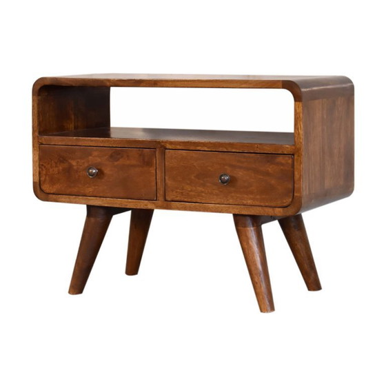Image 1 of Compacte, gebogen kastje in kastanjekleur met 2 lades