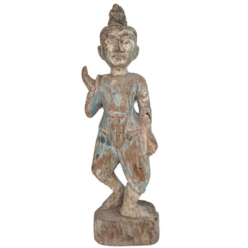 Antique 19th-century Burmese Wooden Statue – Polychrome – 34cm