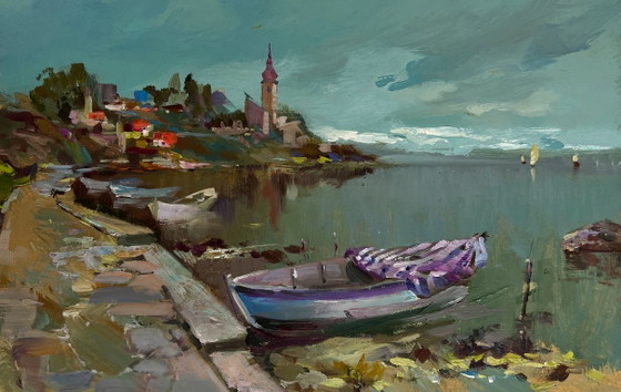 Image 1 of Origineel olieverfschilderij: Somber kustlandschap, stadsboot, veerboot