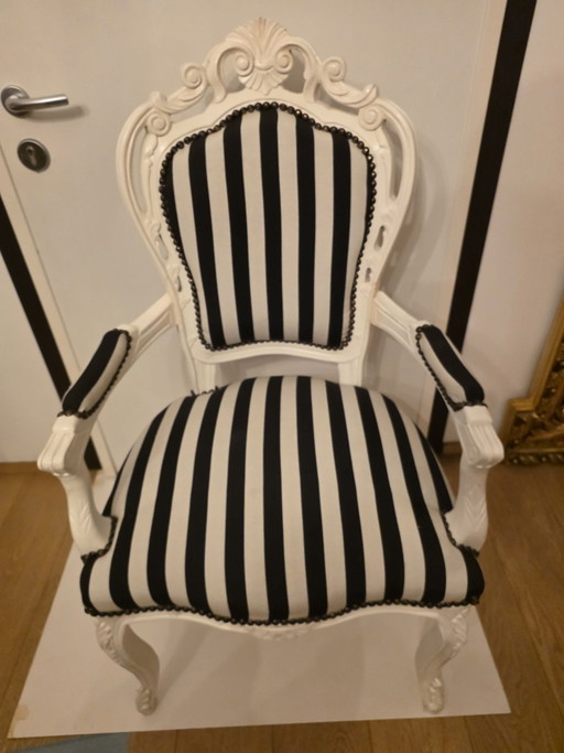 Beautiful Baroque / Louis-style Armchair – Black and White Striped – A Real Eye-catcher!