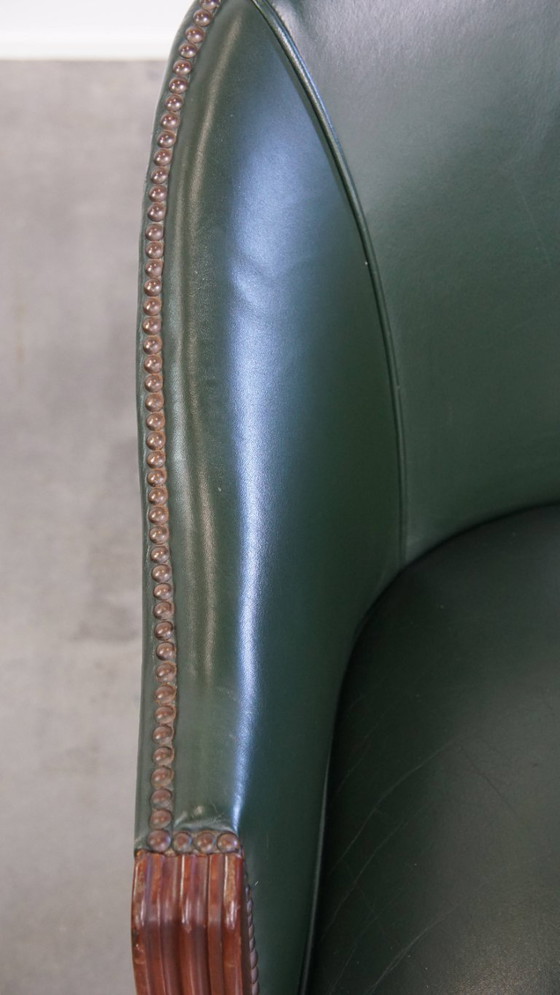 Image 1 of 2 x Beistell-/Ess-/Bürostuhl aus grünem Rindsleder und Holz im englischen Stil