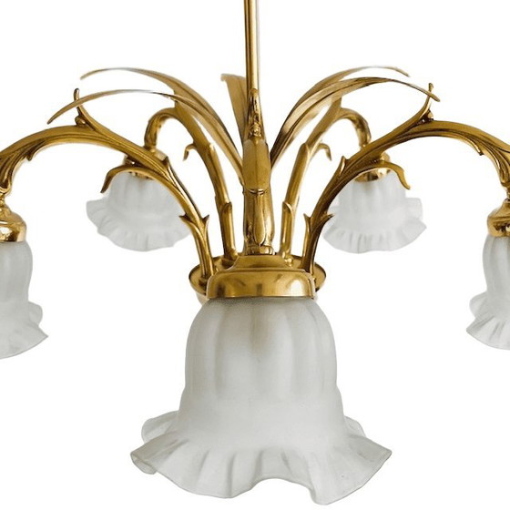 Image 1 of Lampadario vintage in ottone a sei bracci, metà secolo, con foglie di palma, Hollywood Regency, anni '70
