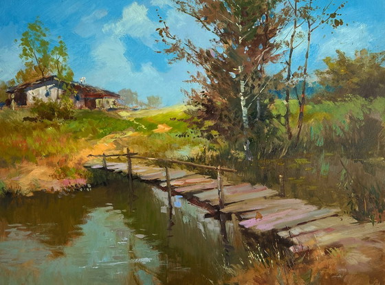 Image 1 of Original Oil Painting Nature River Landscape The Road Leading Home