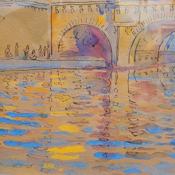 Image 1 of Aquarelle sur papier « Pont Marie, Paris », post-impressionnisme, signée Gilis, 1962 - France