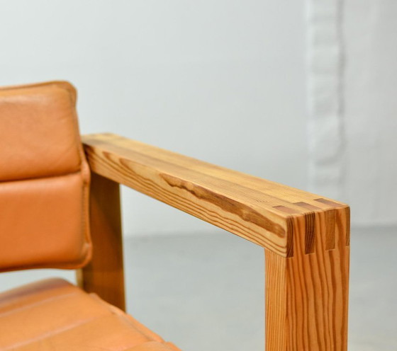 Image 1 of Brutalist Ate van Apeldoorn Dutch Design Cognac Leather Cubic Pinewood Side Chair for Houtwerk Hattem. The Netherlands, 1970s.