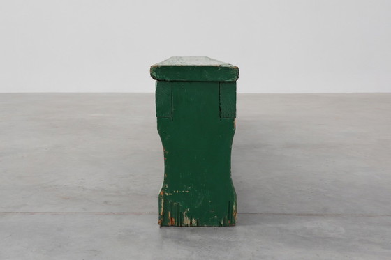 Image 1 of Panca rustica primitiva verde in rovere massiccio, Francia ca. 1900