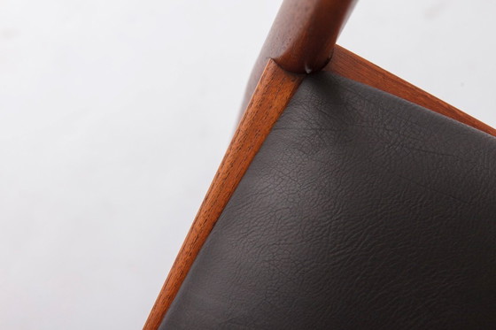 Image 1 of Set of 2 Henning Kjærnulf Armchairs, Korup Stolefabrik 1960s, Danish Teak Chairs, Black Leather, Mid Century Modern