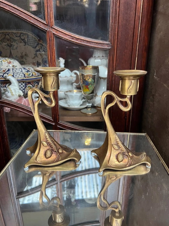 Coppia di portacandele in stile Art Nouveau. Bronzo massiccio. (foto 5 di 5)