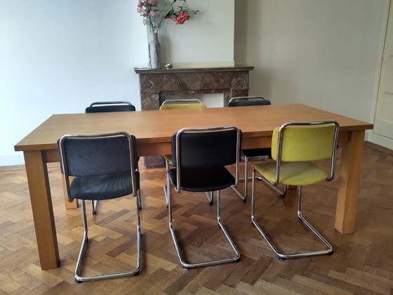 Image 1 of Set van 6 Dutch Originals Gispen Buisframe Eetkamerstoelen (zwart, groen, grijs/blauw)