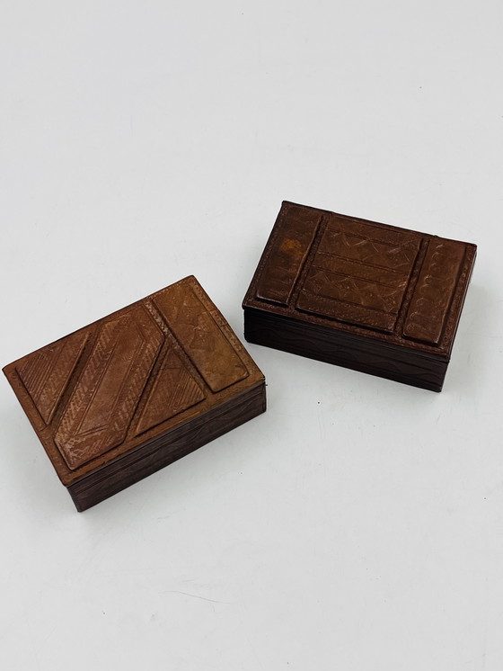 Image 1 of Set di due scatole in legno e pelle