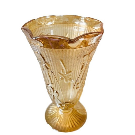 Image 1 of Paire de vases vintage Jeanette en verre Carnival, motif pêche, style Art déco, années 1930