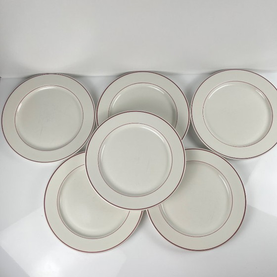 Image 1 of Juego de 6 platos llanos Villeroy & Boch, borde burdeos/morado, siglo XX.