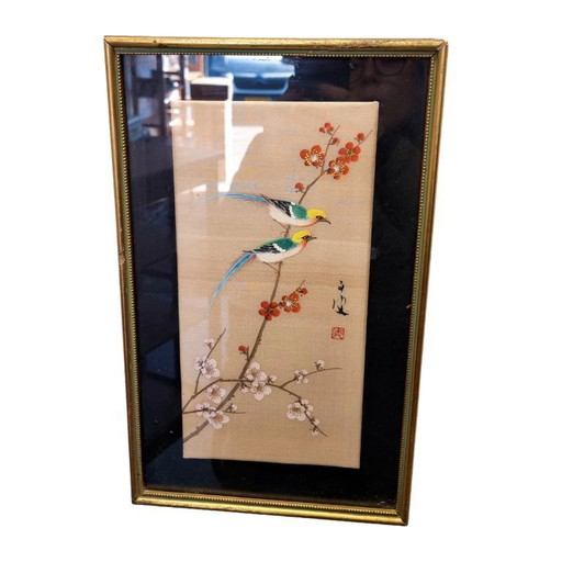 Vintage Chinese painting on silk with 2 birds