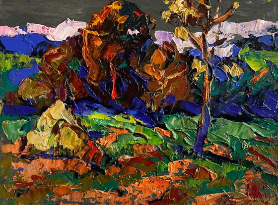 Image 1 of Original Oil Painting Autumn Forest Landscape Outside the village