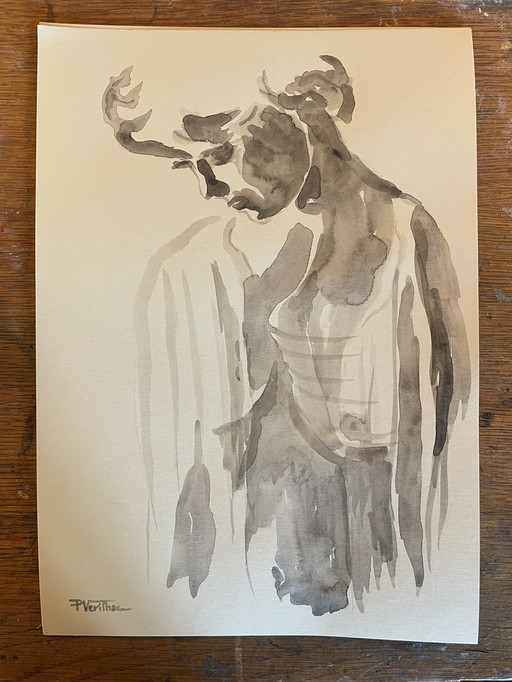 Sepia aquarel portret van een vrouw "Jeu d'Ombres