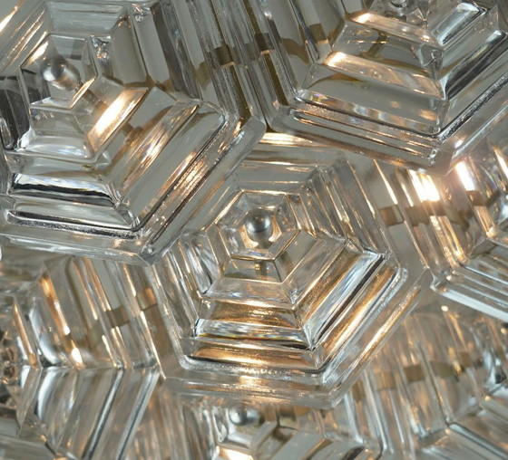 Image 1 of 3-tier mid century PENDANT LIGHT with 27 hexagonal glass panels 1960s 70s chandelier