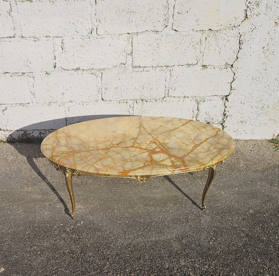 Image 1 of French Vintage oval Onyx Marble and Brass Coffee Table-Marble Cocktail Table-Lounge Table-Style Louis XV-60s