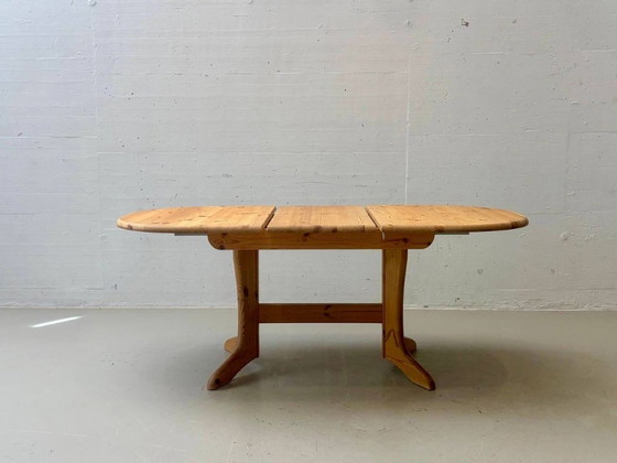 Round extendable vintage dining table made of solid pine wood, 1970s (photo 5 of 14)