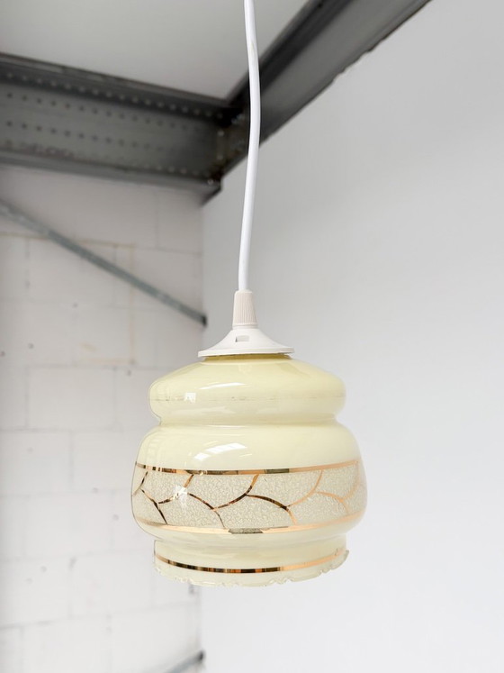 Beige with gold-colored vintage ceiling lamp, 1960s – Pendant lamps, Glass, Plastic (photo 6 of 8)