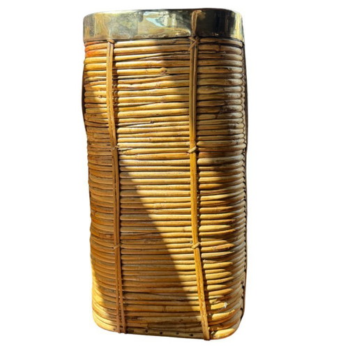 Italian rattan and brass umbrella or plant basket from the 1970s Style Gabriella Crespi