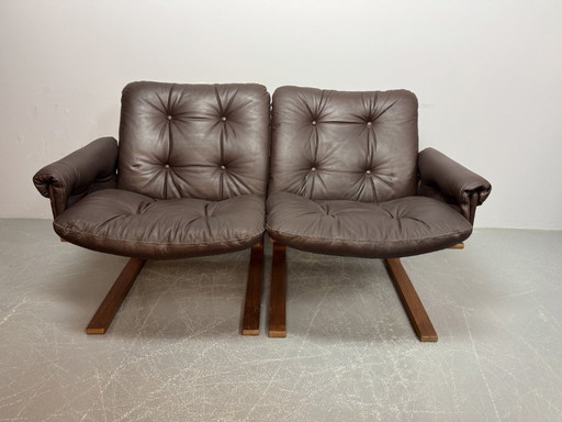 Supercomfy Scandinavian Rybo Rykken Chocolate Brown Leather 2-Seater Lounge Sofa by Elsa and Nordahl Solheim, 1960s.
