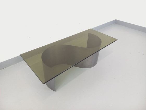 Image 1 of Vintage Space Age rectangular coffee table in steel and smoked glass from the 1970s