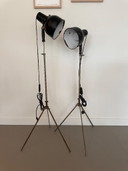2 vintage enamelled lamps on a tripod