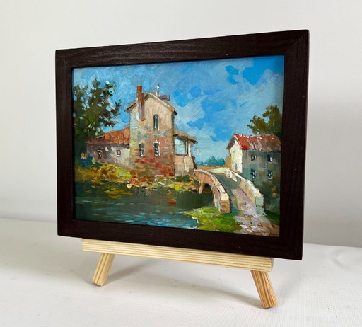 Original Oil Painting Village Bridge Landscape: The Bridge Leading to the City