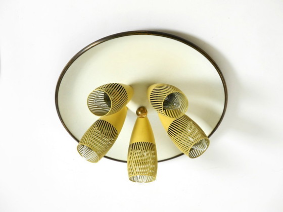 Image 1 of Very rare 5-arm mid-century modern metal bag ceiling lamp with round white reflector