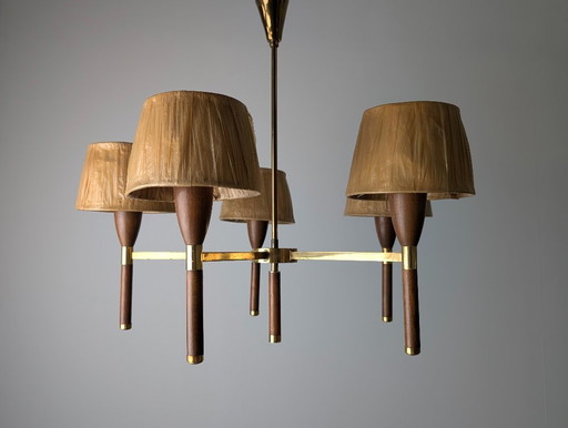 Danish Five-Arm Chandelier in Wood and Brass, 1950s